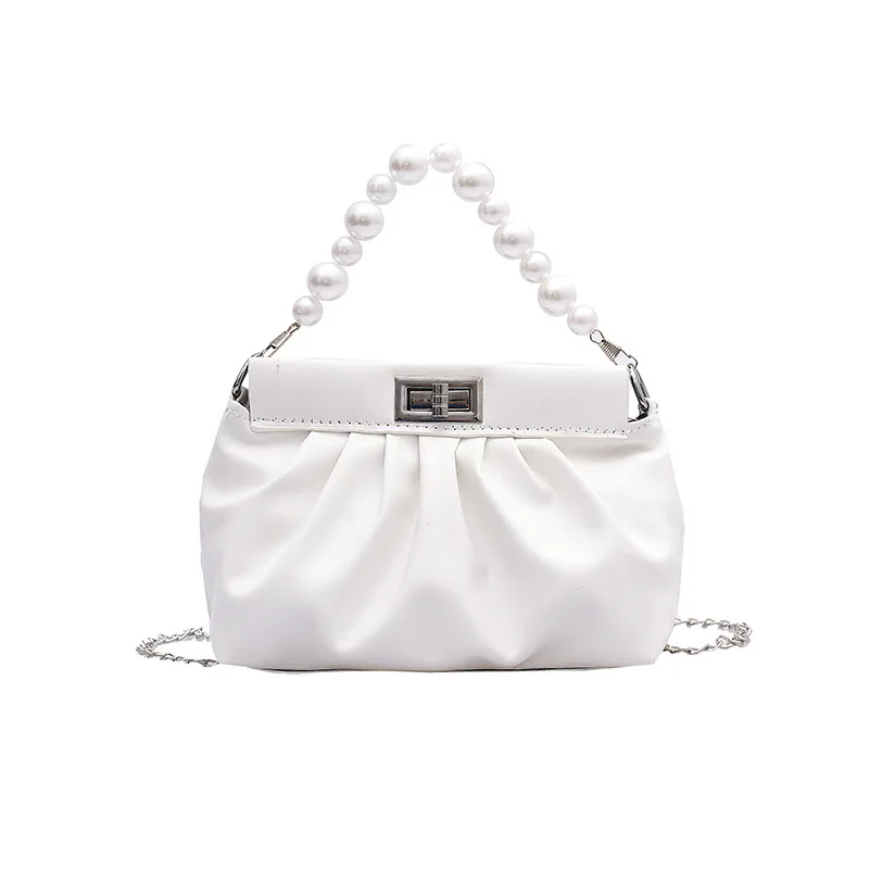 

Fashion Women Solid Color Pleated Underarm Bag Casual PU Pearl Chain Shoulder Bags Small Purse Ladies Handbags