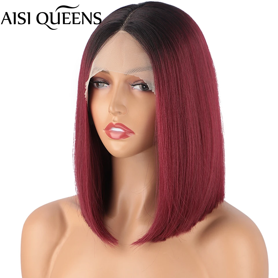 

AISI QUEENS Lace Front Wig Ombre Red Short Straight Synthetic Wigs Blonde Brown Middle Part Hairline Hair