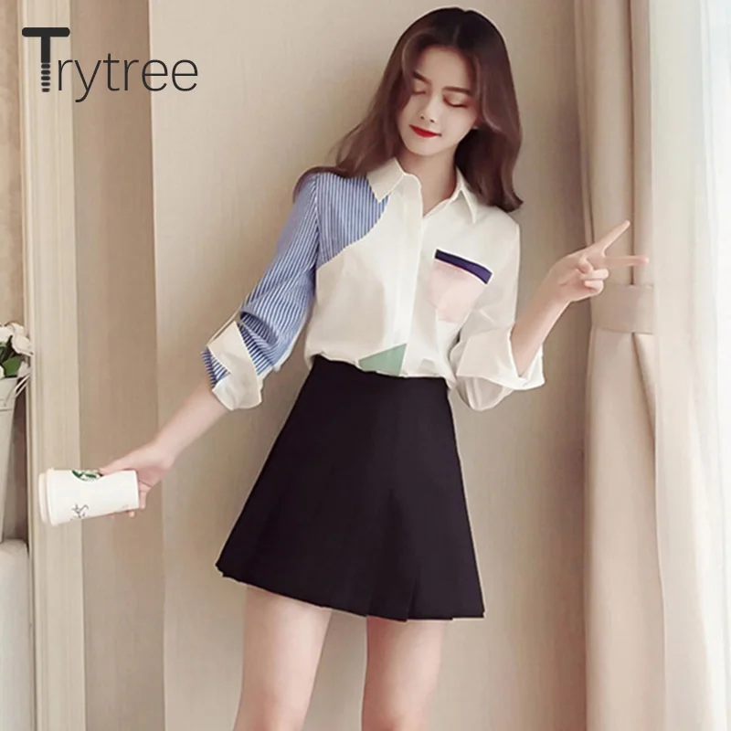 Trytree/осенний женский топ, комплект из двух предметов, повседневный топ с отложным воротником, лоскутные карманы, блузка, Топы+ юбка, плиссированная мини, комплект из 2 предметов