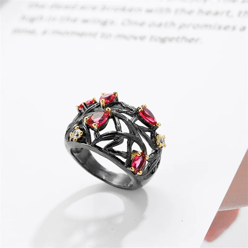 

Vintage Female Red Crystal Stone Ring Classic Black Gold Hollow Engagement Rings For Women Luxury Water Drop Wedding Ring