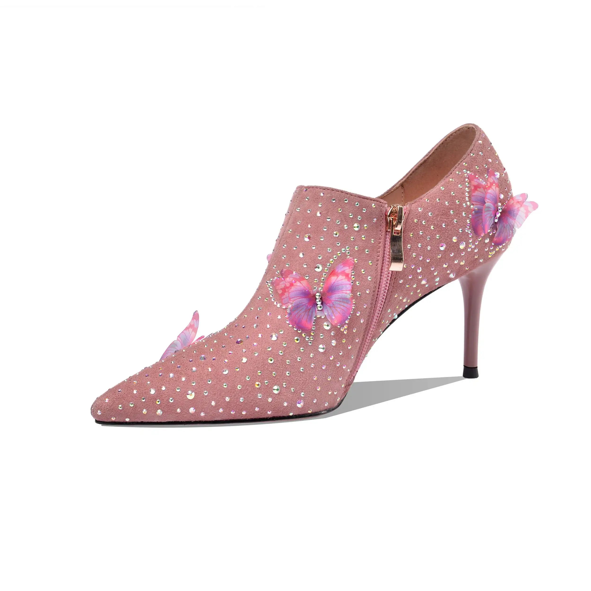 

Lenkisen hot sale women pumps kid suede pointed toe high heels rhinestone butterfly beauty lady deep mouth zip shoes women L02
