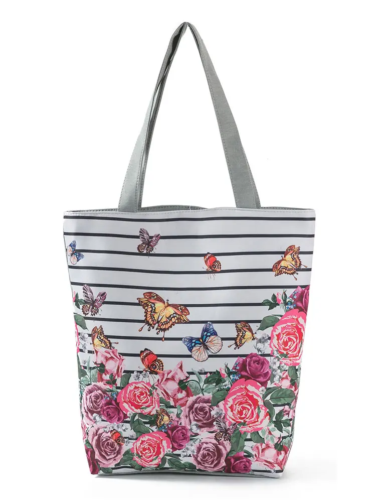 

Miyahouse Trendy Butterfly Rose Design Canvas Floral And Striped Print Shoulder Shopping Tote Bag High Capacity Beach Women Bag