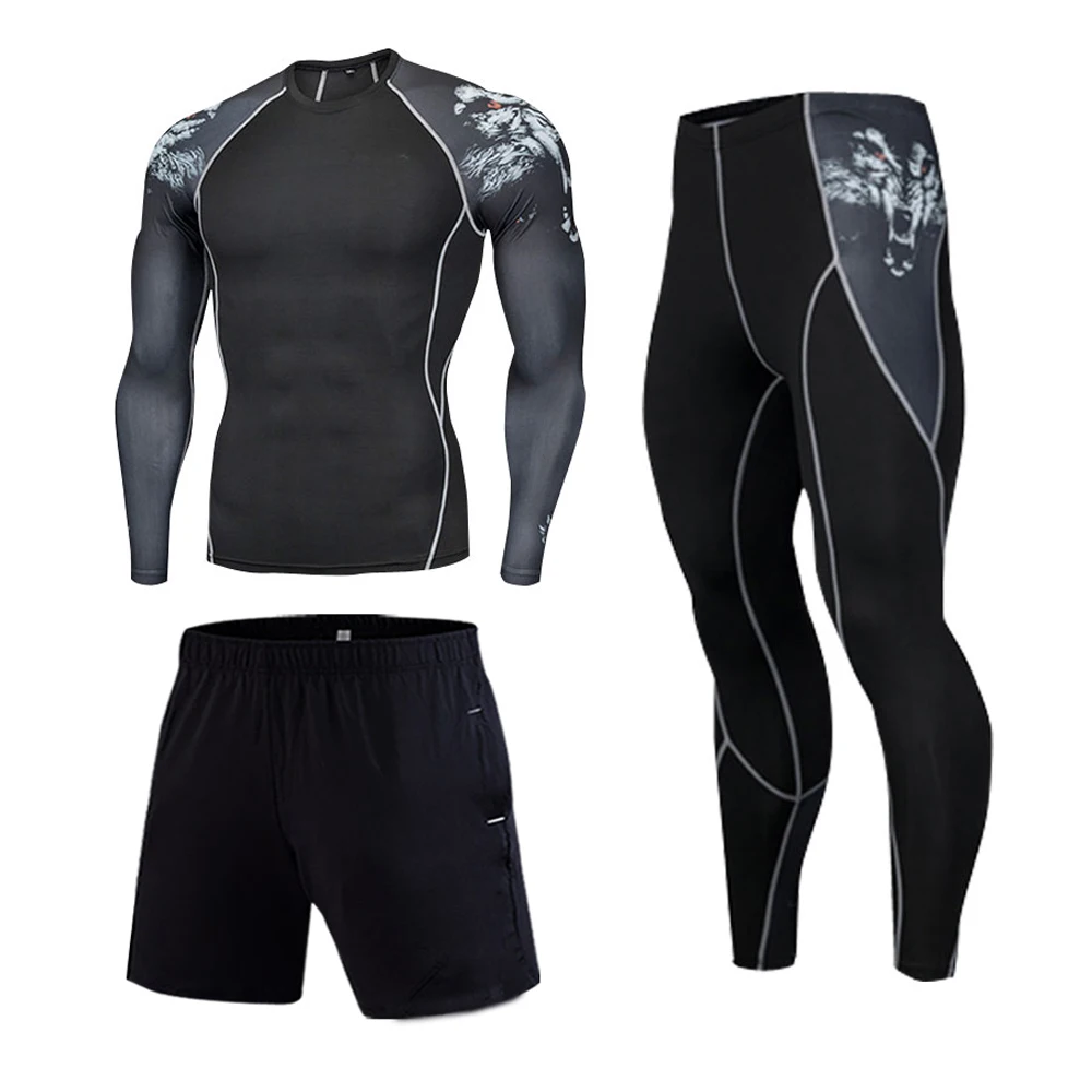

3 piece track suit Men Running sports suit MMA Compression sportswear rash guard male Bodybuilding T-shirt pants Man Training