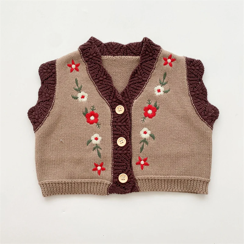 

Spring Vintage Baby Girl Knitted Waistcoat Hand-embroidered Vest Toddler Kids Cardigan Sweater Toddler Casual Outwear