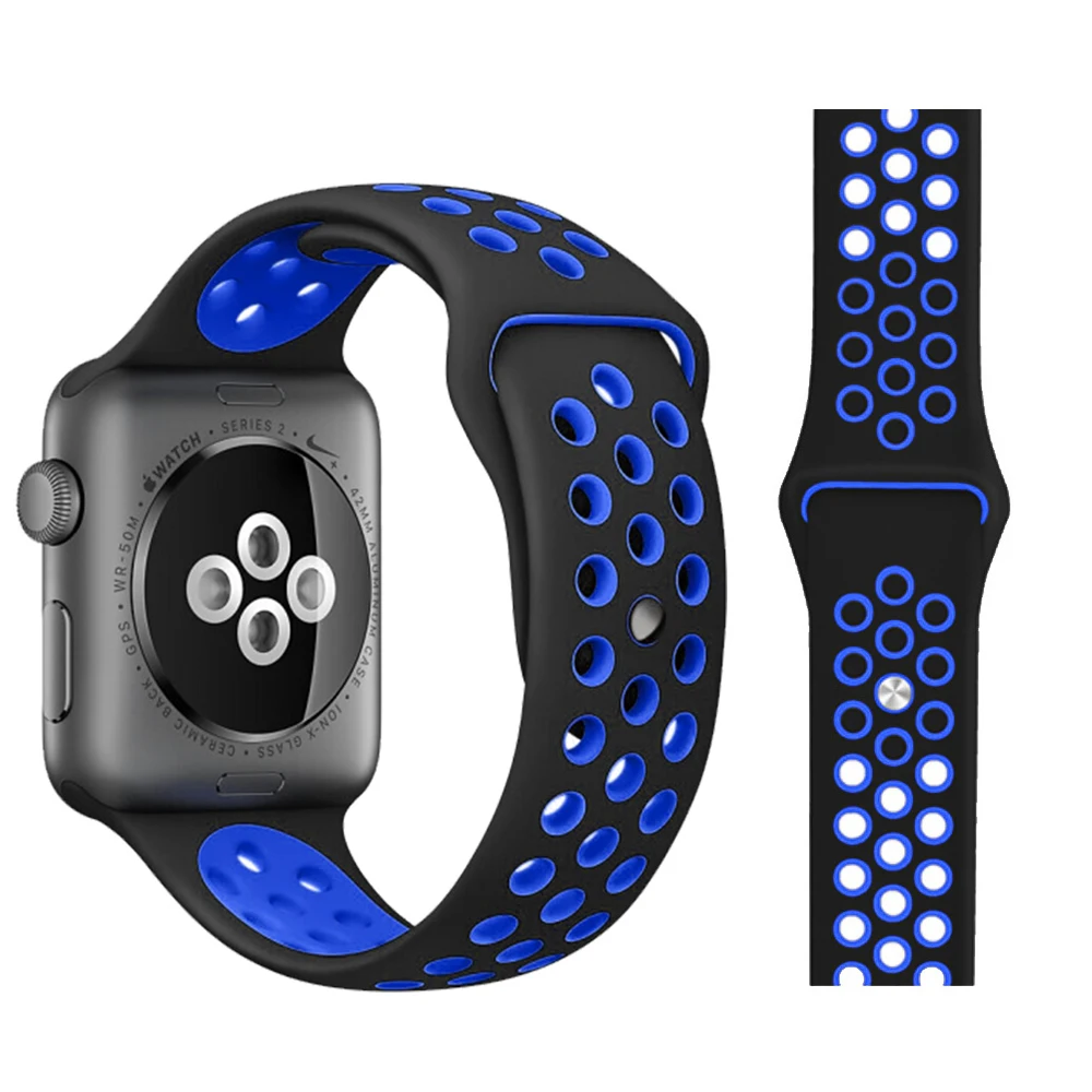 Black with blue Ремешок для Apple Watch, мягкий силиконовый сменный Браслет серии 5, 4, ремешок для часов 44 мм, 40 мм, iwatch, ремешок серии 1, 2, 3, 38 мм, 42 мм - Цвет ремешка: Black with blue