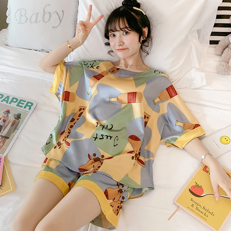 

Популярные пижамы женские летние из вискозного волокна тонкий сексуальный милый Шелковый пуловер с короткими рукавами большого размера ко...