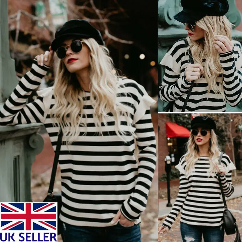 

Womens Casual Ruffle Long Sleeve Pullover Loose Black White Striped Jumper Tops
