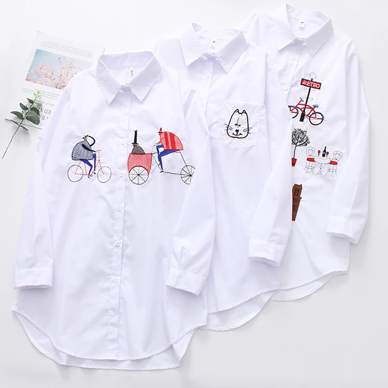 2020 Women Cartoon Embroidered White Long sleeve Blouse Button Up Long Shirts Turn Down Collar Office Female Tops clothes C447