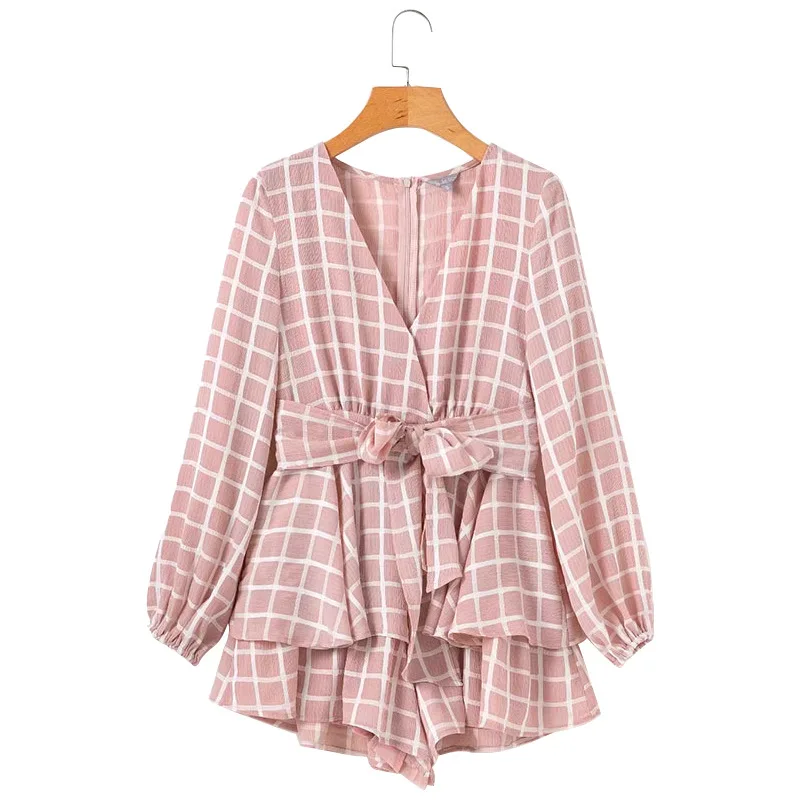 White Ruffle Plaid Jumpsuits Rompers Spaghetti Strap Cross Back Bow Tie Waist Skorts Playsuit Girl Summer Beach Overalls