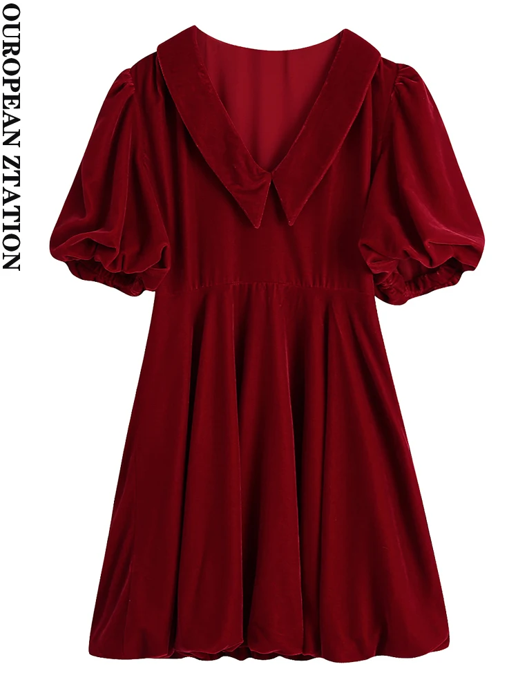 

Women 2022 fashion new pleated velvet mini dress vintage v-neckline puff sleeves female dresses vestidos mujer