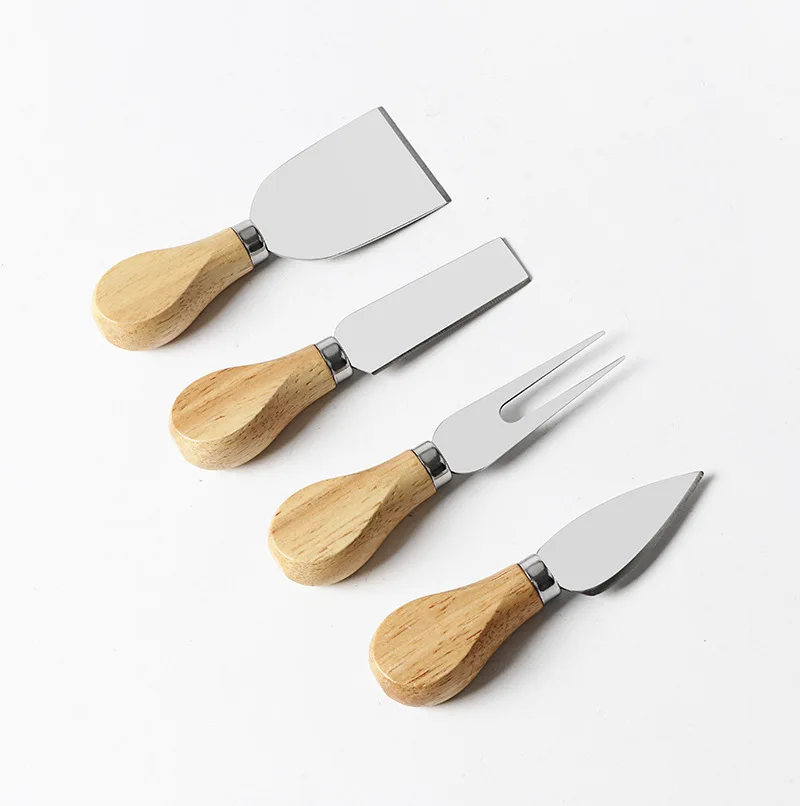 

4pcs Stainless Steel Cheese Knife Wooden Handle Pizza Bread Cream Accessories Cheese Slicer Cutter Steel Baking Tool Kitchen