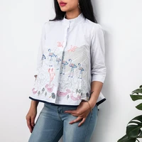 crane embroidery shirt tops women summer autumn fashion 34 sleeve casual blouses ladies white doll shirts