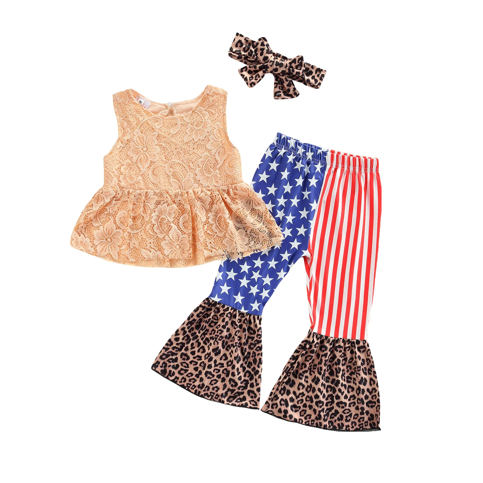 

Комплект детской одежды для девочек, кружевные цветочные без рукавов, топы, брюки с леопардовым рисунком, с рисунком звезды, в полоску, с при...