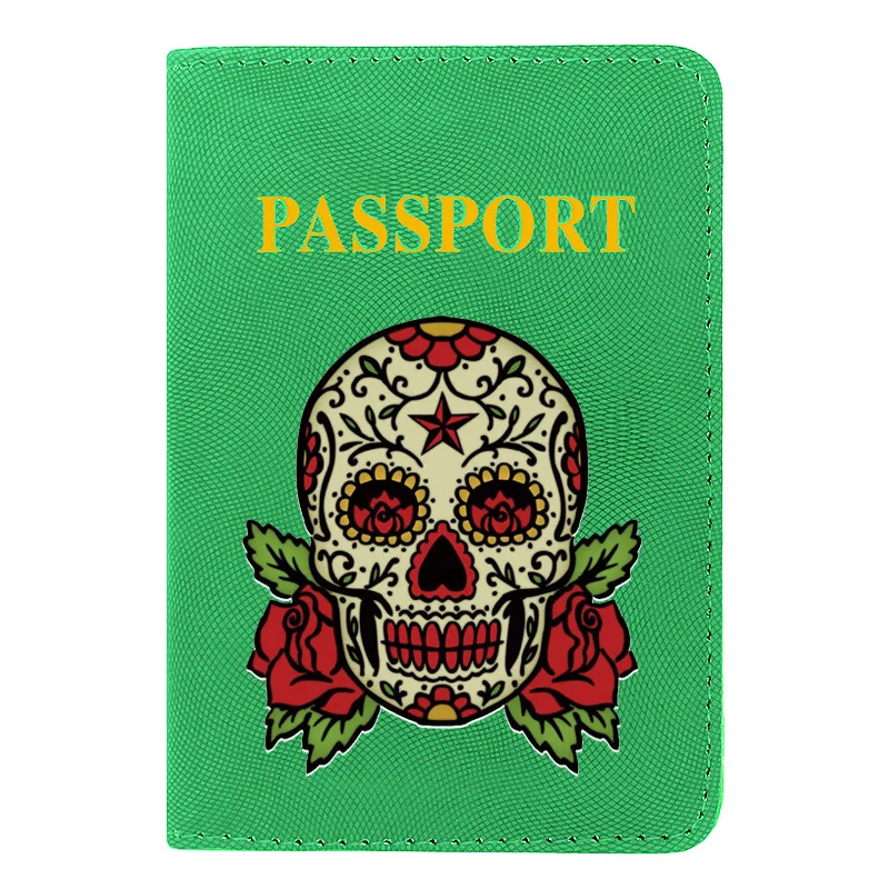 

High Quality Skull Skeleton Printing Men Women Passport Cover Leather Travel Pocket Wallet Bags