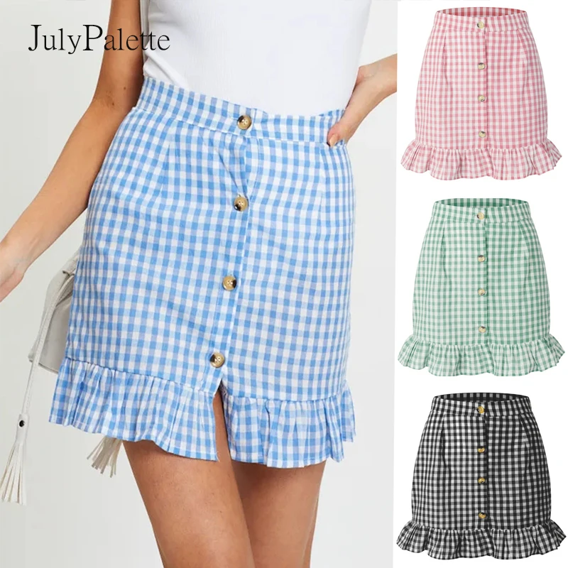 

Julypalette Black High Waist Ruffles Skirts Women Mini Skirt 2021 Summer Casual Plaid Female Short Skirt Streetwear Bottoms