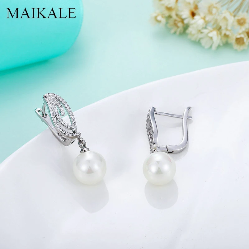 Женские серьги-подвески с фианитом MAIKALE, популярные висячие серьги с жемчужинами, новые аксессуары модные ювелирные изделия