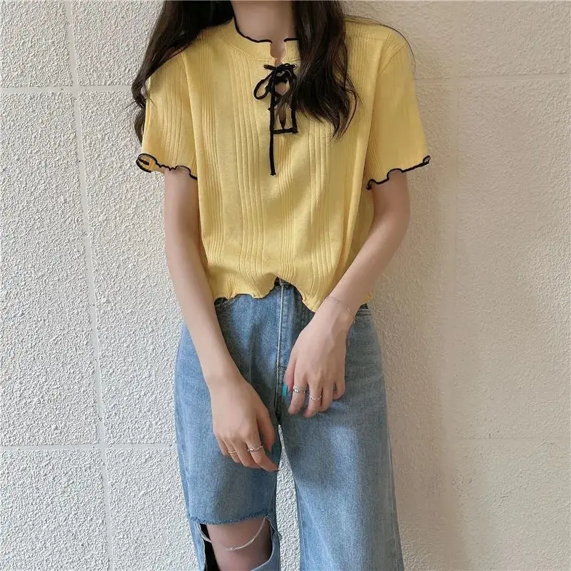 

T-shirts Women Summer Slim Stylish Ulzzang Student Chic Patchwork Female Knitted Casual Bandage New Basic Crops Girls Clothing