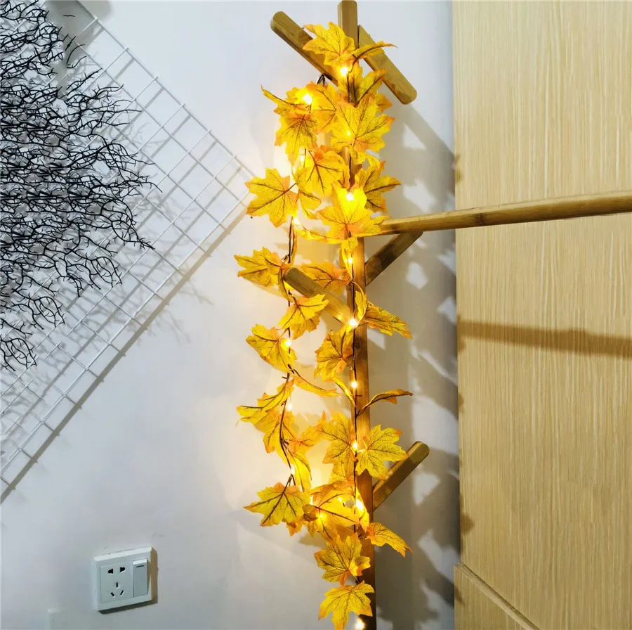 

2M String Light 20LED Copper Wire LED String Light With 52PCS Maple Leaves Rattan Autumn Plants Garland Fence Stair Party Light