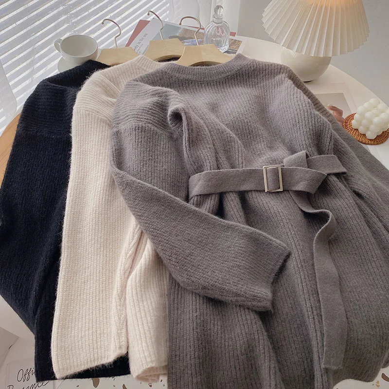 Корейский винтажный женский свитер Woherb с высоким воротником однотонный вязаный