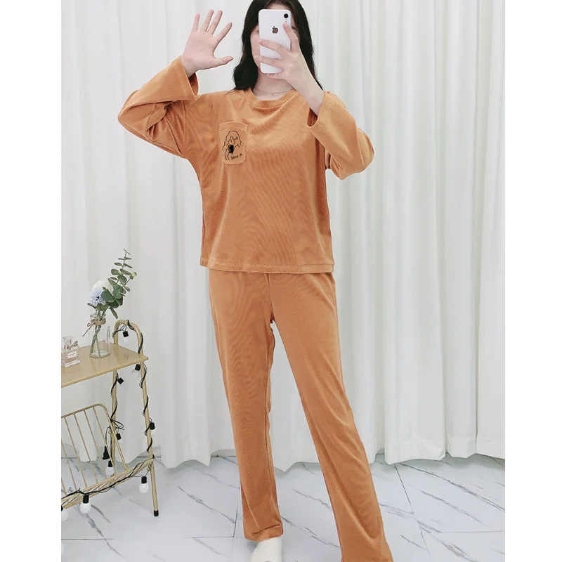 

Spring Autumn Women's Pajamas Two-piece Velvet Sweet Long Sleeve Long Pants Homewear Embroidery Comfortable Casual Set Nightwear