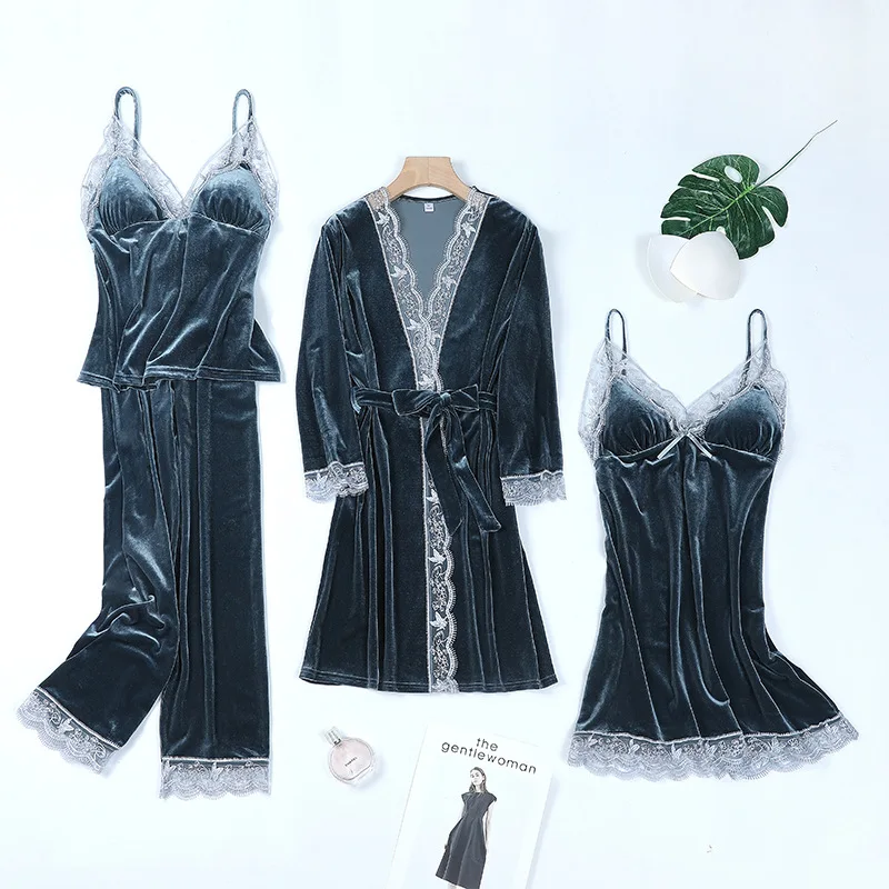 

Lace Velour Patchwork Nightwear 4PCS Pajamas Suit Women Long Sleeve Home Clothing Intimate Lingerie Casual New Style Pyjamas