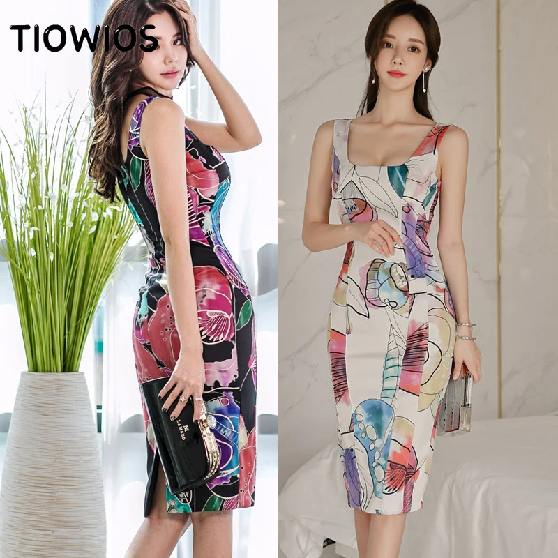 

TIOWIOS 2021 New Woman Korean Ladies Temperament Hip Print Fashion Long Sleeveless Vest Skirt Slim Dress