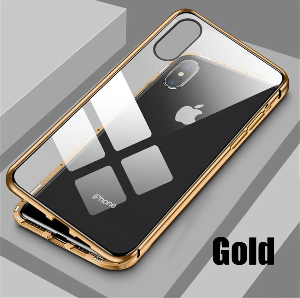 Магнитный чехол для iPhone 11 X Xr Xs Max 6 6s 7 8 Plus, противоударный чехол для iPhone 11 Pro Max, задняя крышка из закаленного стекла - Цвет: Золотой