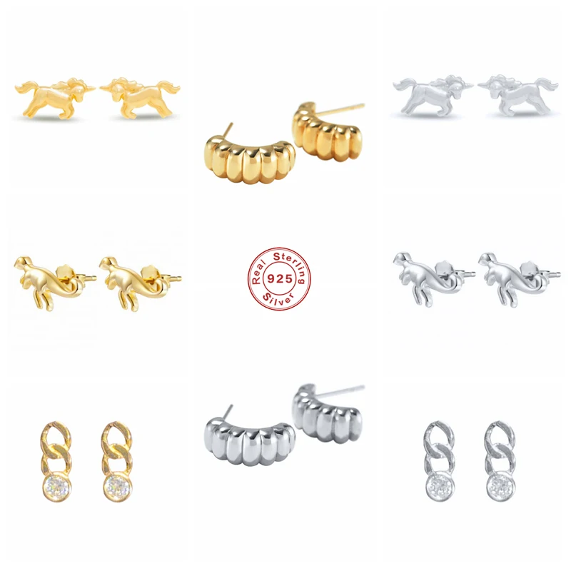 

BOAKO 925 Sterling Silver Cute Unicorn Dinosaur Stud Earrings for Women Fairy Animal Small Chain Ear Stud Gift Jewel Pendientes