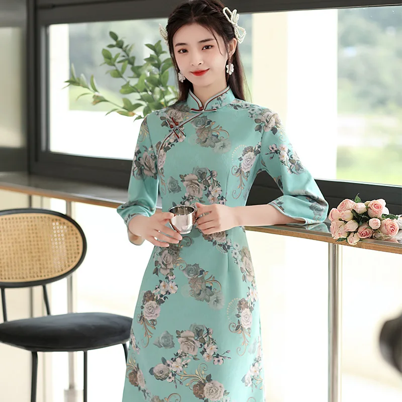 

Женское винтажное платье-трапеция, зеленое классическое приталенное китайское платье с китайским воротником, улучшенное платье для выпуск...