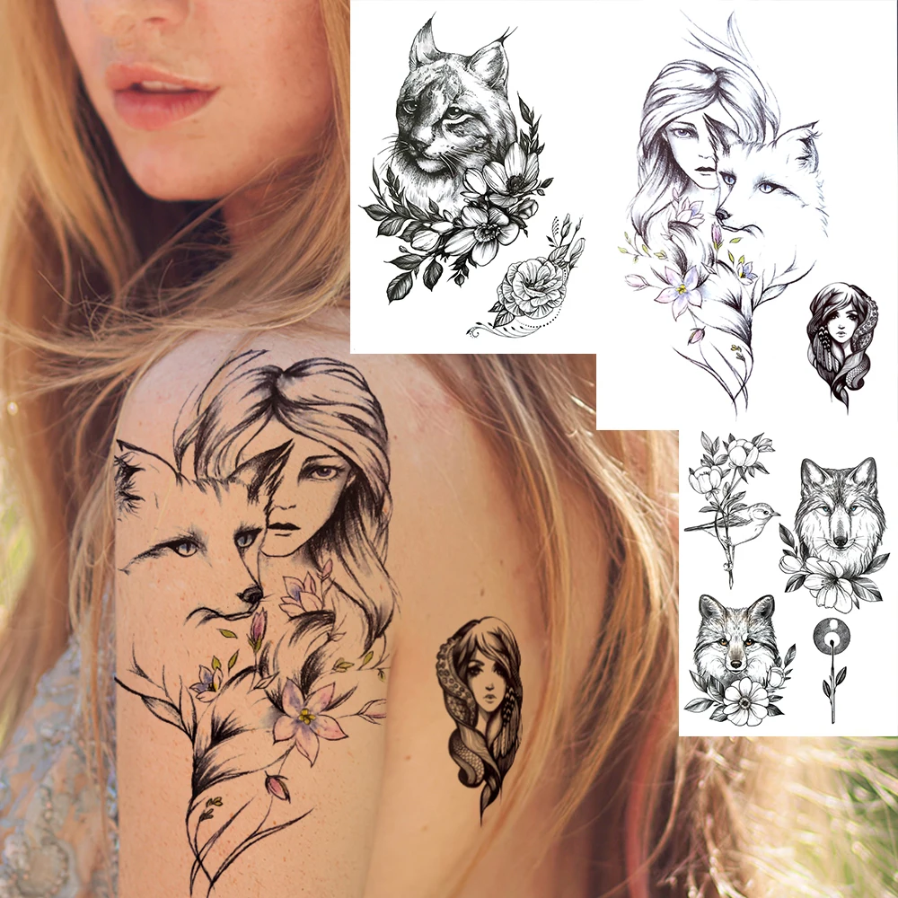 

Realistic Fake Wolf Sexy Girl Temporary Tattoos For Women Black Cat Dog Peony Tattoo Sticker Flower Makeup Tools Washable Tatoos