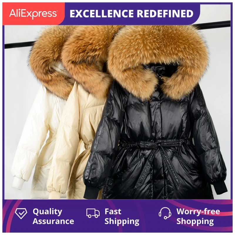 

Женская парка на белом утином пуху, куртка с большим воротником из натурального меха енота и капюшоном, теплая женская верхняя одежда, зима ...