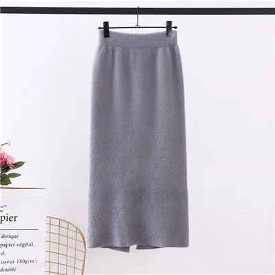 Grey-78cm Женская вязаная юбка из синтетического норка и кашемира на осень и зиму, Корейская шикарная юбка с разрезом сзади, юбка-карандаш с высокой талией, женские юбки s rokjes - Цвет: Grey-78cm