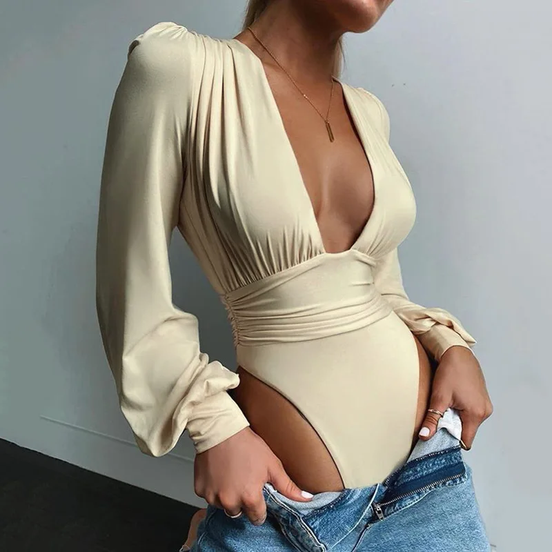 Black Deep V Neck Bodysuit Women Sexy Puff Sleeve Bodycon Jumpsuit Solid Elastic Casual Party Winter Fashion Bodysuits Body Tops