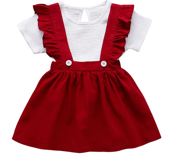 

Girls Skirt Two Pieces Suit Fresh Solid Color Short Sleeve T-shirt and Ruffles Suspender Short Skirt