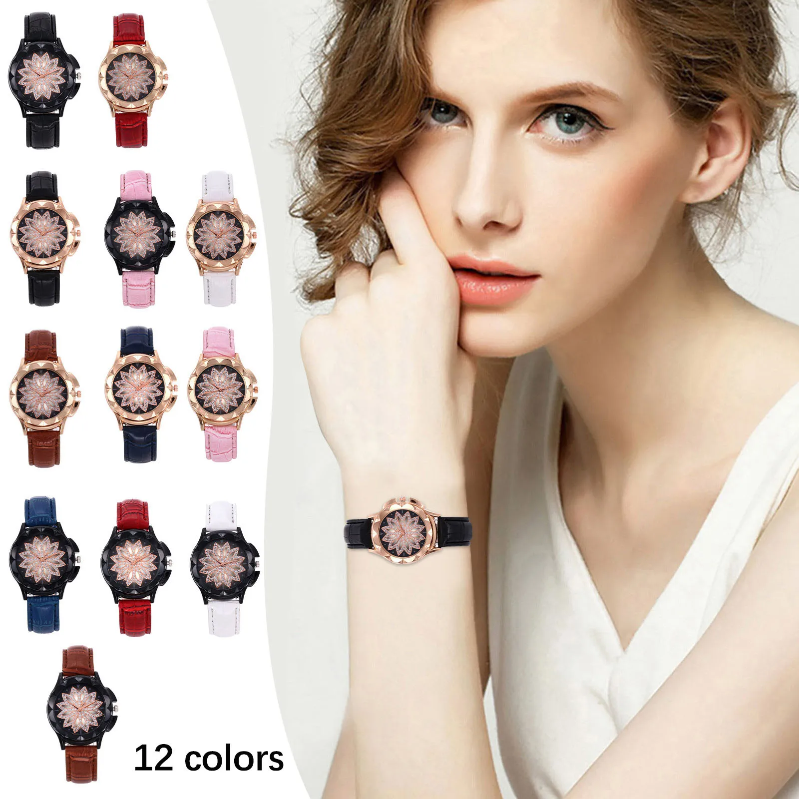 

12 Diamond-studded Shining Ladies Watches Fashion Trend Leather Strap Watches Bracelet for Women's Watch Fashion Clock