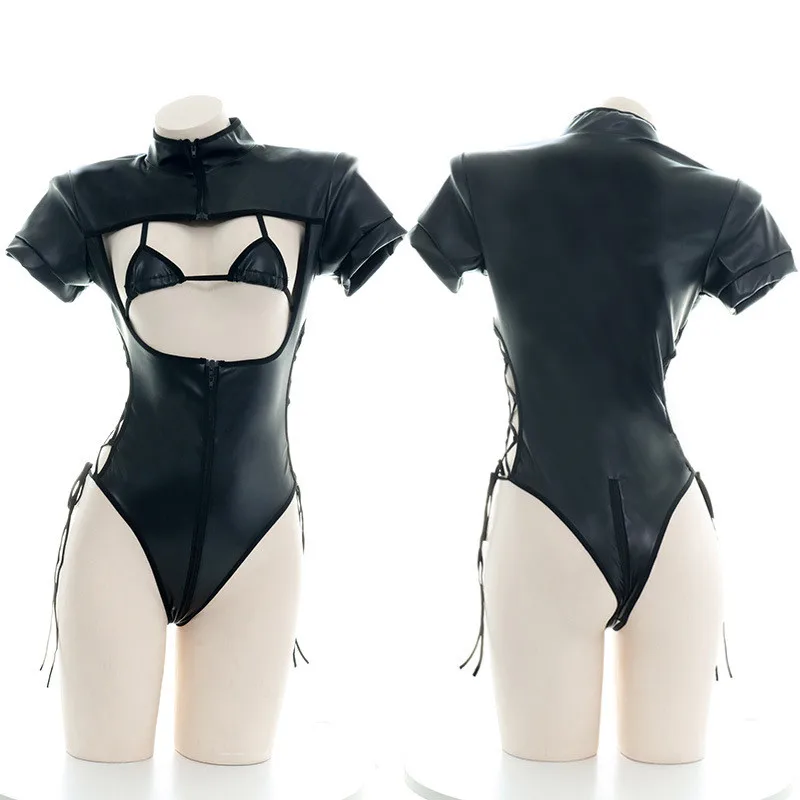 

Sexy Lingerie Short-Sleeved Zipper Suit Tights Side Hollow Cross-Lace Nightclub One-Piece Black Uniform Temptation Women