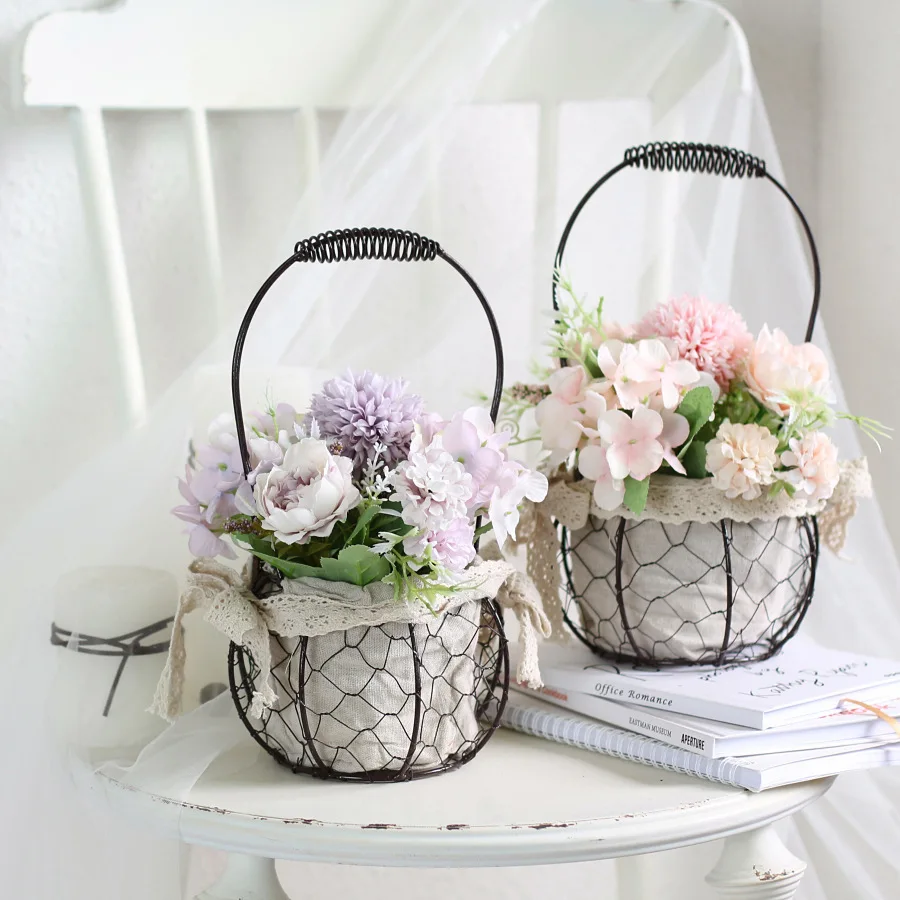 

Iron Flower Basket Nordic Style Simulation Flower Bonsai Set Fake Flower Crafts Oil Painting Decorating Living Room Home Decore