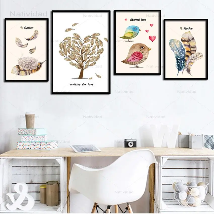Настенные плакаты в скандинавском стиле рисование на холсте с птицами и перьями
