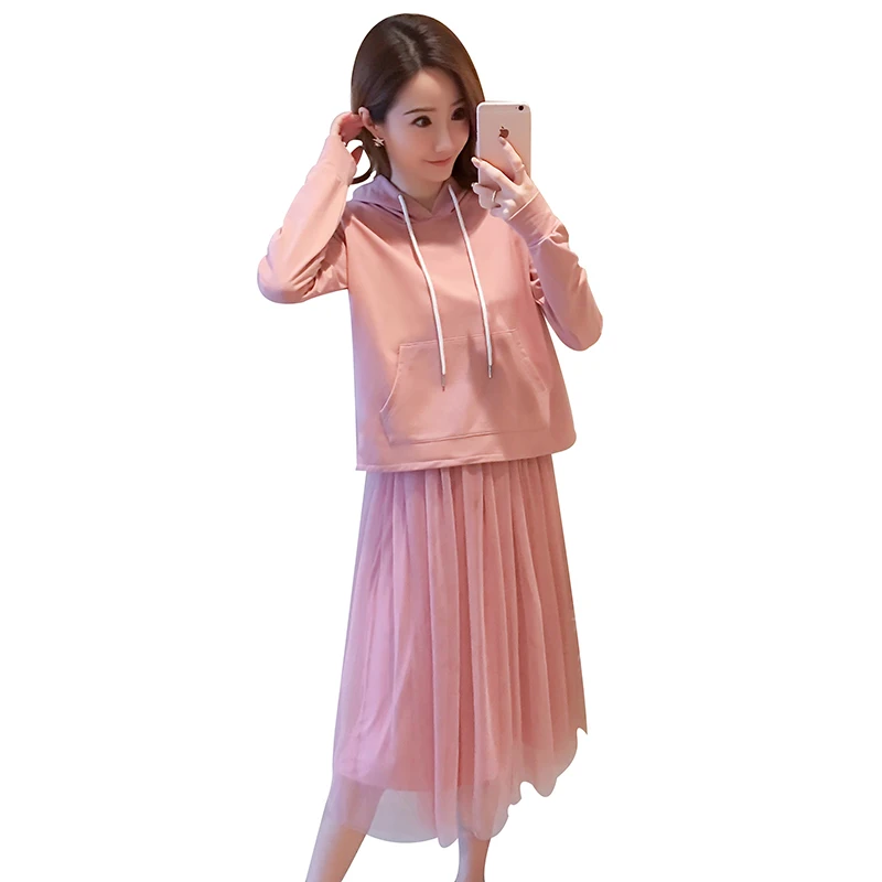 

9255# Spring Pink Sweet Maternity Nursing Dress Vest Tank Feeding Gauze Dress + Hoodies Sets Clothes for Pregnant Women Suits