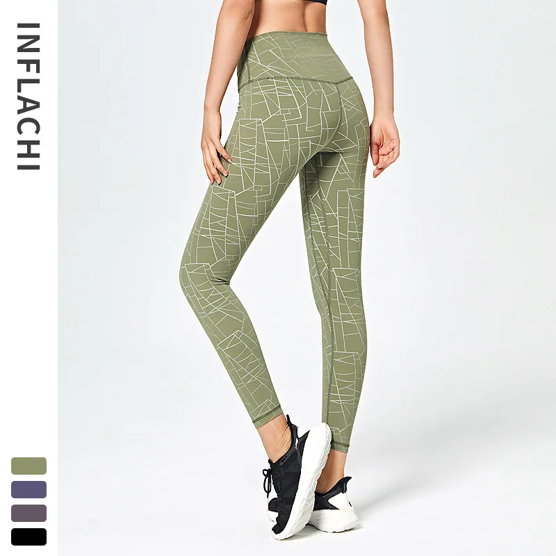 

Bare Sense Buttock Lifting Slim Fit Fitness Pants High-waisted Yoga Women's Running Sports Dry Breathable Stripes Printing Ninth