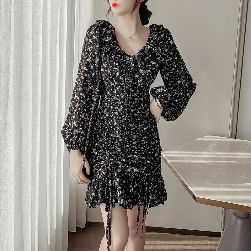 

2020 Autumn New Fashion Floral Drawstring Dress Elegant Temperament Long Sleeve Dress Women Comfortable Soft Concise Print S -XL