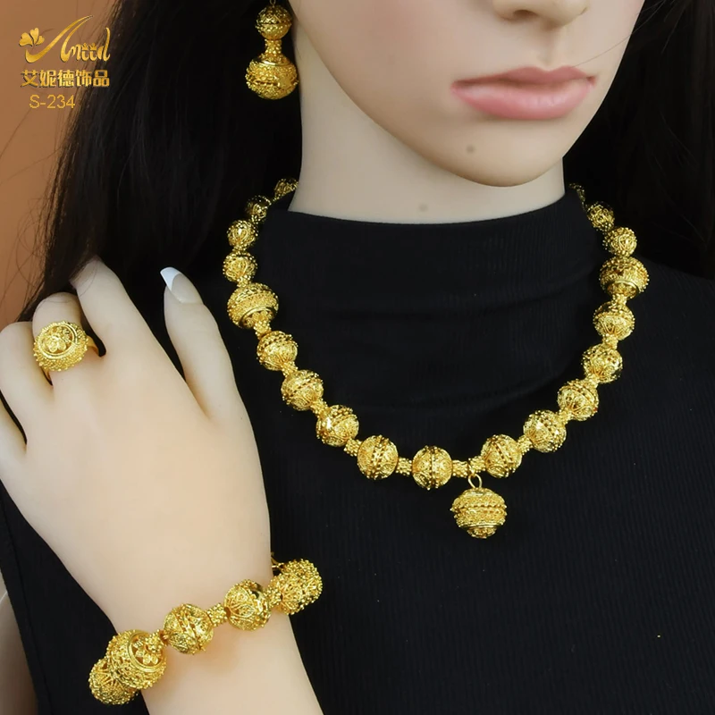 

Dubai Gold Plated African Beads Jewelry Set With Gift Box Luxury Jewellery Nigerian Wedding Collection Sets Woman Accessories