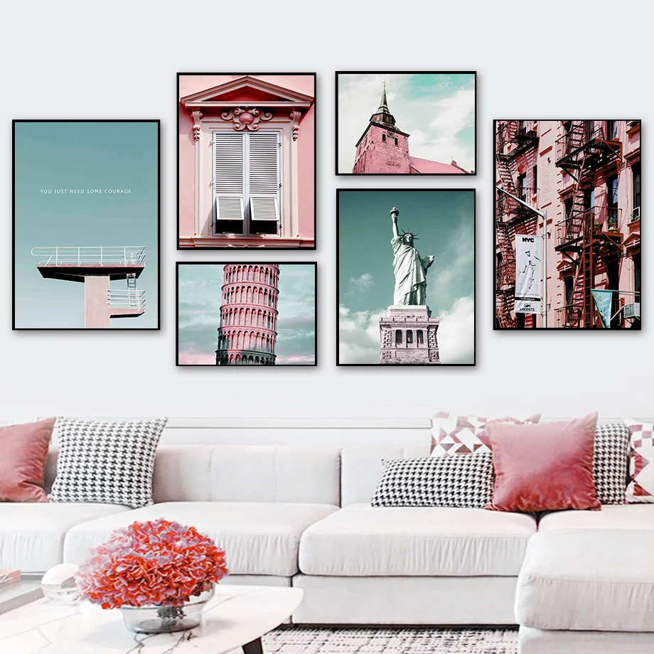 

Statue of Liberty Leaning Pisa Tower Sky Wall Art Canvas Painting Nordic Poster And Prints Wall Pictures For Living Room Decor