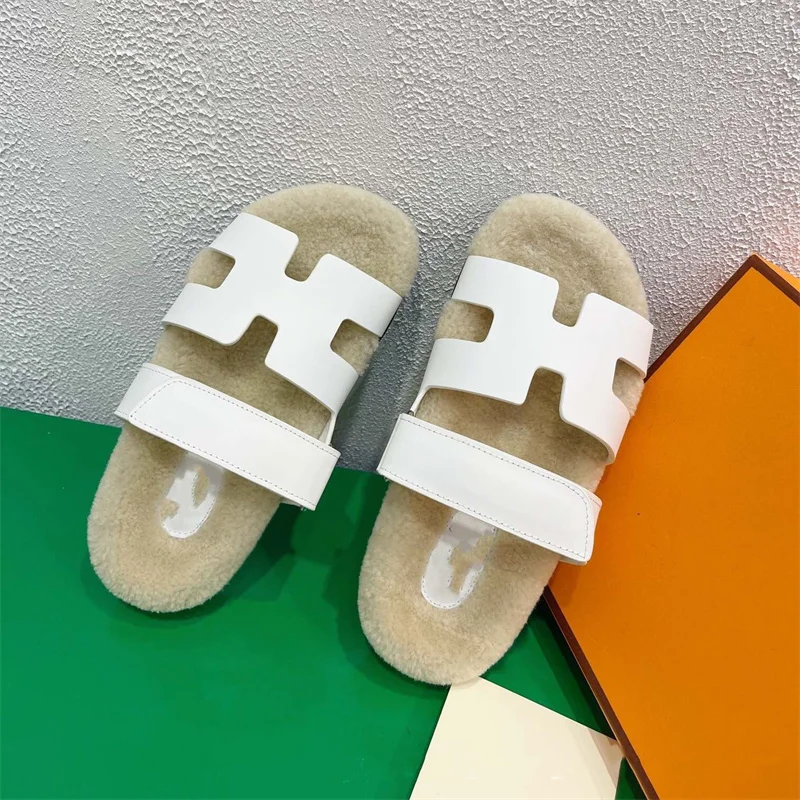 

2021 New Women's Deerskin Stitching 100% Wool Flat Sandals Thick-sold Fur Slippers Super Soft And Comfortable Plush Loafers