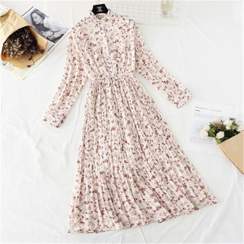

Women Dress 2020 Spring Summer New Fashion Elastic Waist Long Sleeve Vintage Floral Print A-line Chiffon Dresses Casual Vestidos