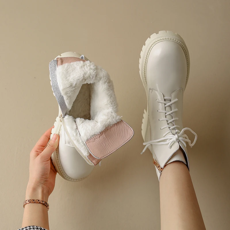 

Winter leather lace-up boots wool blend ankle boots women's warm luxury fleece lined Martin short boots white combat boots