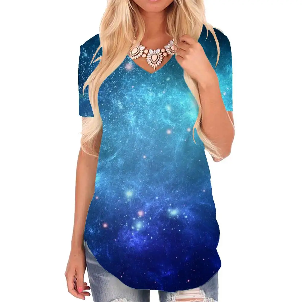 

Giyu Brand Galaxy T-shirt women Nebula V-neck Tshirt Space Tshirts Printed Dark Blue Funny T shirts Womens Clothing Summer
