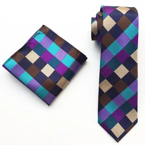 Ricnais Fashion 8cm Formal Silk Pocket SquareTie Set Red Grey Plaid Jacquard Handkerchief Necktie Suit For Men Business Gravata