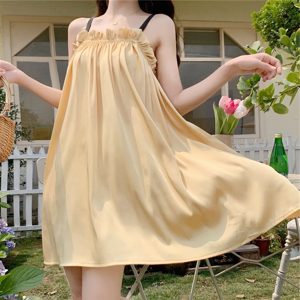 2021 Summer New Sexy Sling Nightdress Women's Fungus Side Backless Lace Nightgown Loose Home Clothes Female Sleepwear Nightwear