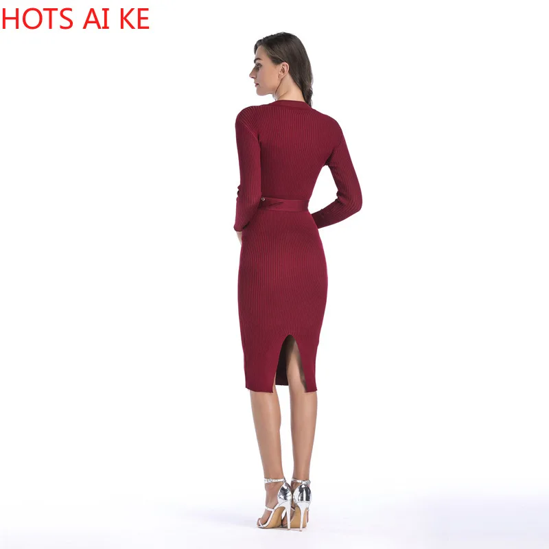 

Fashion Casual Women Dress Chest Button Female Solid Color Round Neck Long Sleeve Slim Fit Belt Tight Ladies Dress